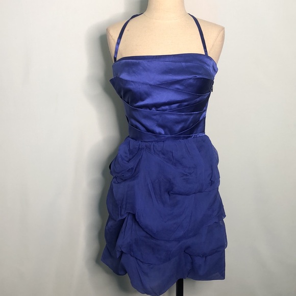 Bebe Blue Summer Halter Cary Mini Silk Ruffled Cocktail Dress Small - Picture 6 of 17
